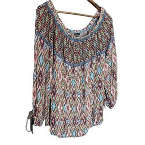 Hannah Geometric Print Blouse Women's Plus Size 2X Hippie Boho Tassel Multicolor
